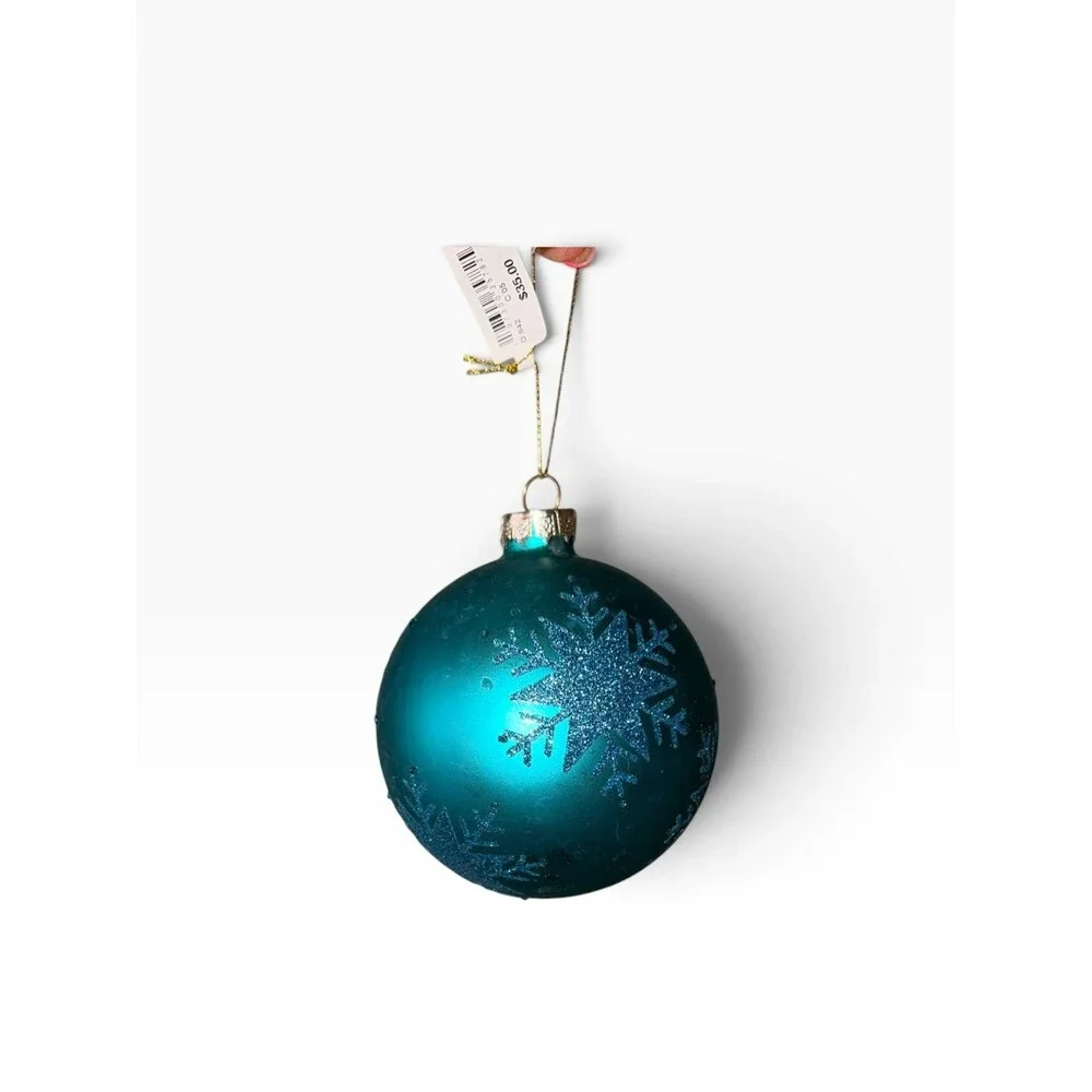 New $35 Turquoise Bauble glass Christmas ornament ball with glitter snowflake